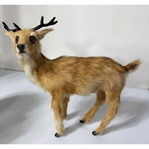 Vintage Figurine Deer Antlers Real Fur Hunting Decor Man Cave Animal Wildlife